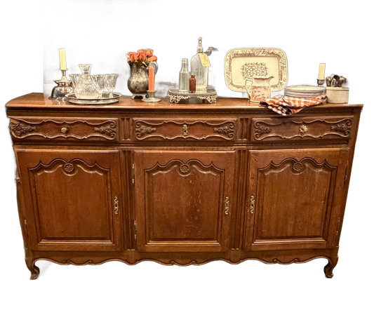 Antique French Provincial Carved Oak Enfilade Sideboard | 82.5" Large 3-Door Buffet Server