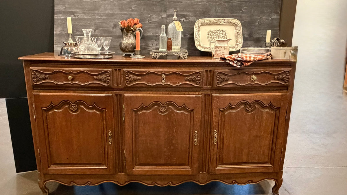 Antique French Provincial Carved Oak Enfilade Sideboard | 82.5" Large 3-Door Buffet Server