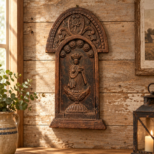 Vintage Hand Carved Wooden Deity Architectural Panel Folk Art Wall Decor