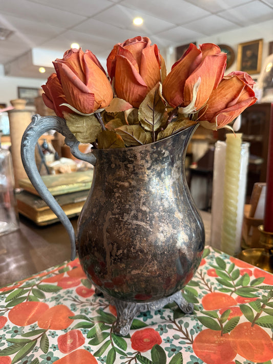 Vintage Footed Silverplate Water Pitcher with Heavy Patina