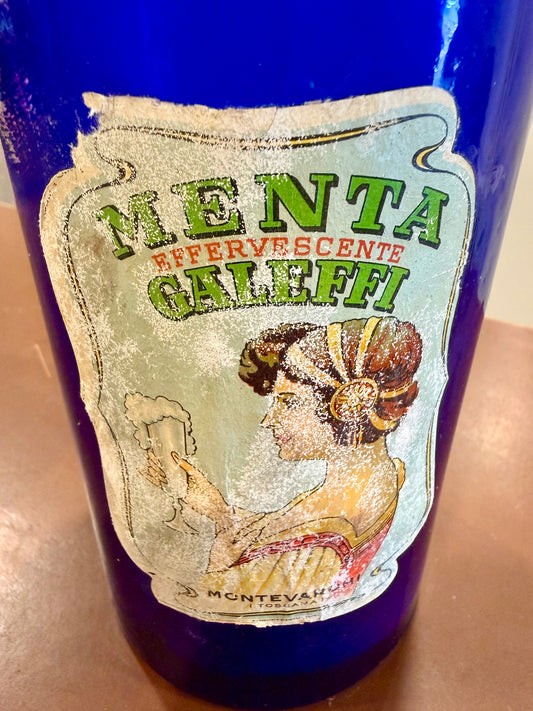 Antique Cobalt Blue Galeffi Bottle - Vintage Italian Effervescente Menta Apothecary Jar with Original Cork