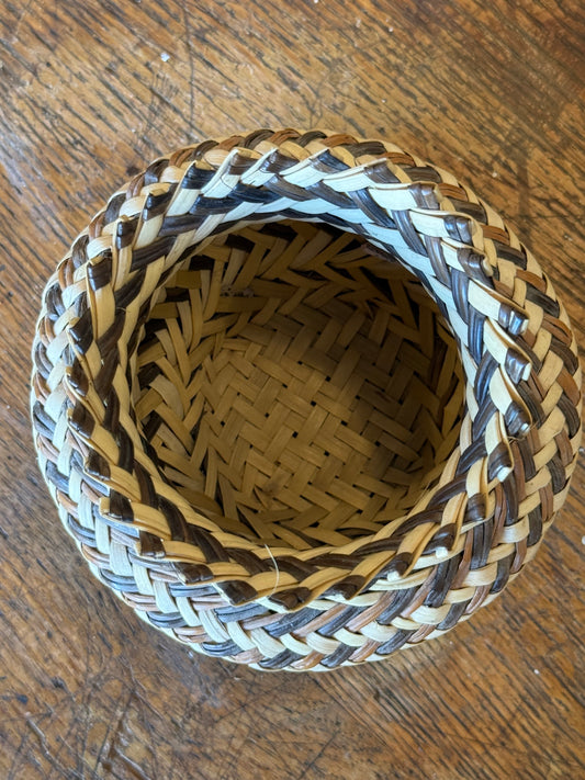 Vintage Tarahumara Hand Woven Double Weave Basket Three Tone Swirl Pattern Mexican Folk Art