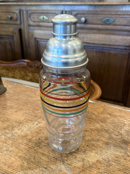 Vintage 1930's Hazel Atlas Rainbow Striped Glass Cocktail Shaker with Aluminum Top Lid