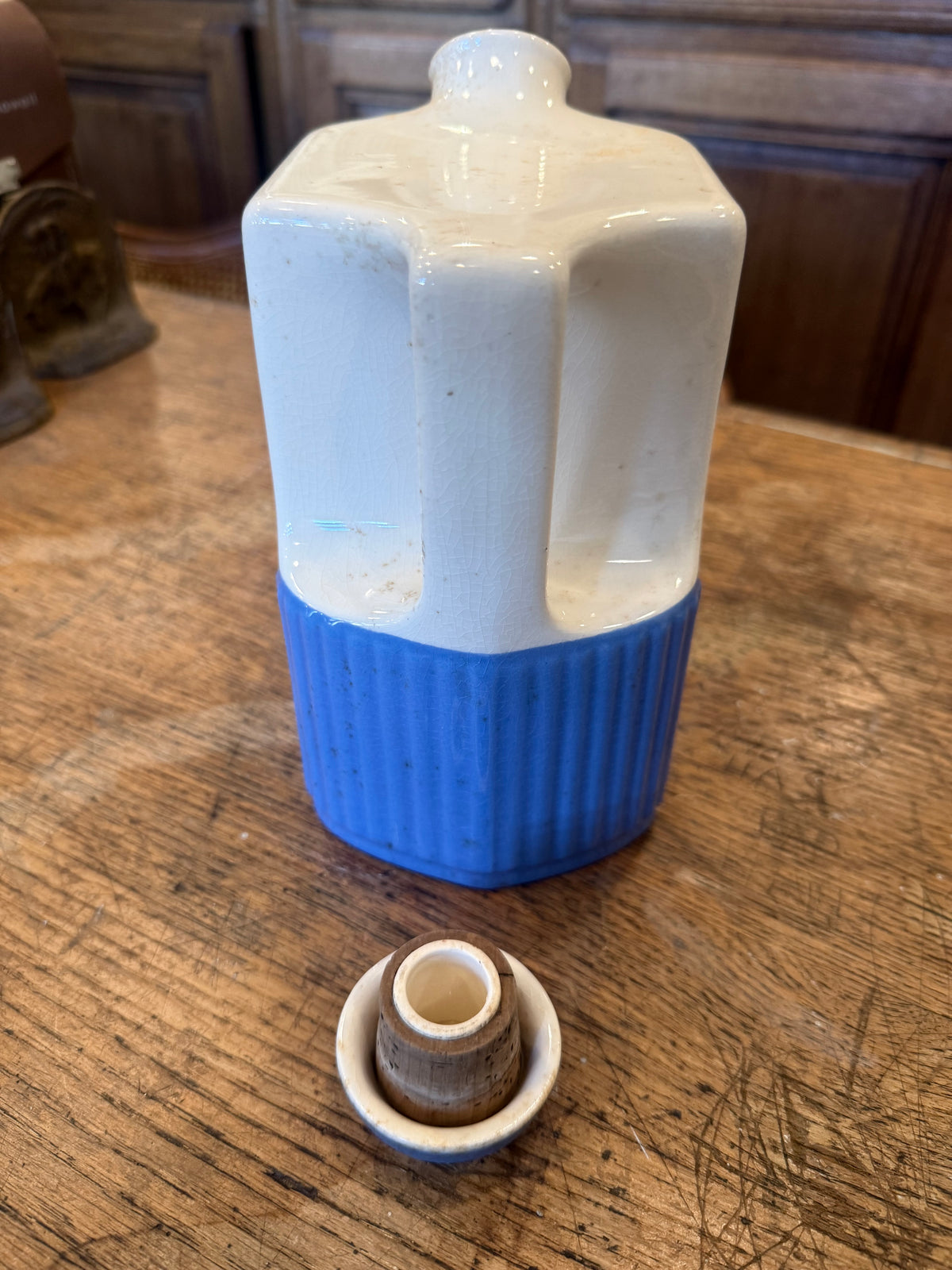Vintage 1930s Universal Potteries Refrigerator Water Jug - Blue Ribbed Ceramic Pitcher with Stopper