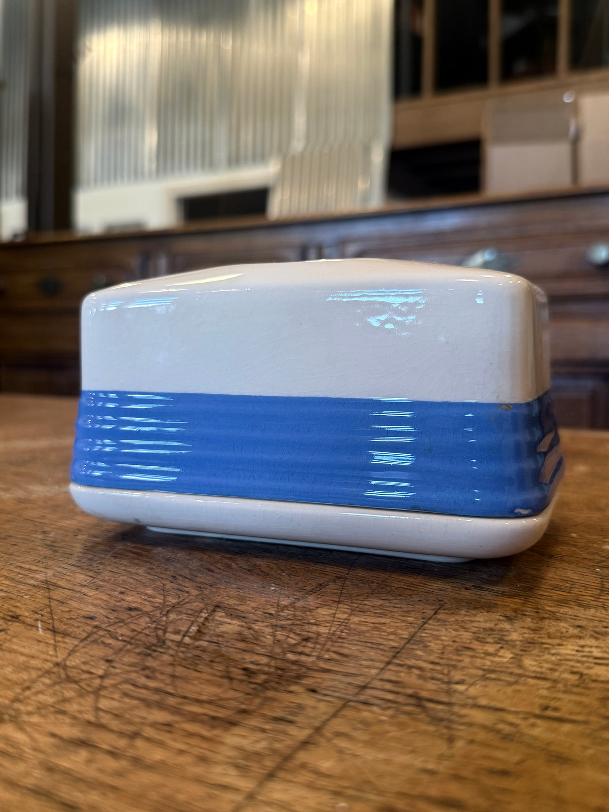 Vintage 1930s Universal Potteries Refrigerator Dish - Blue Ribbed Ceramic Leftover Box with Lid