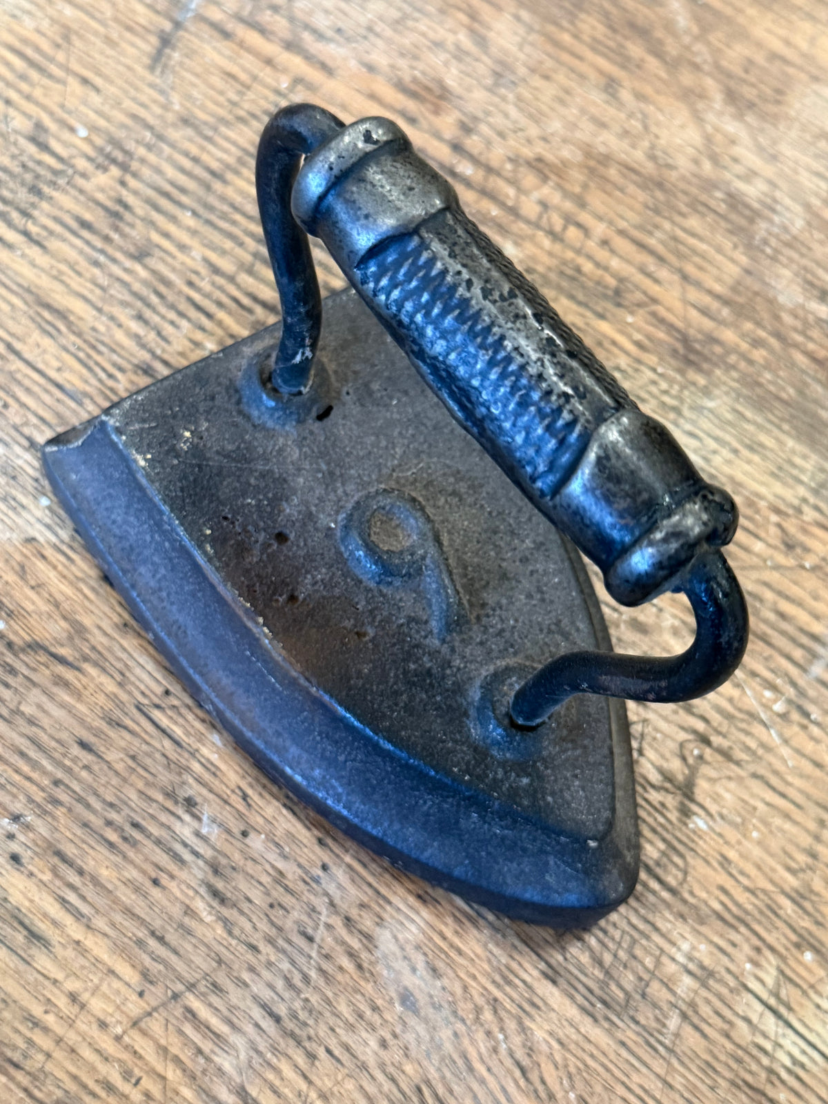 Antique 1890s Asbestos Sad Iron No. 6 - Cast Iron Flatiron with Heavy Diamond Grip Handle