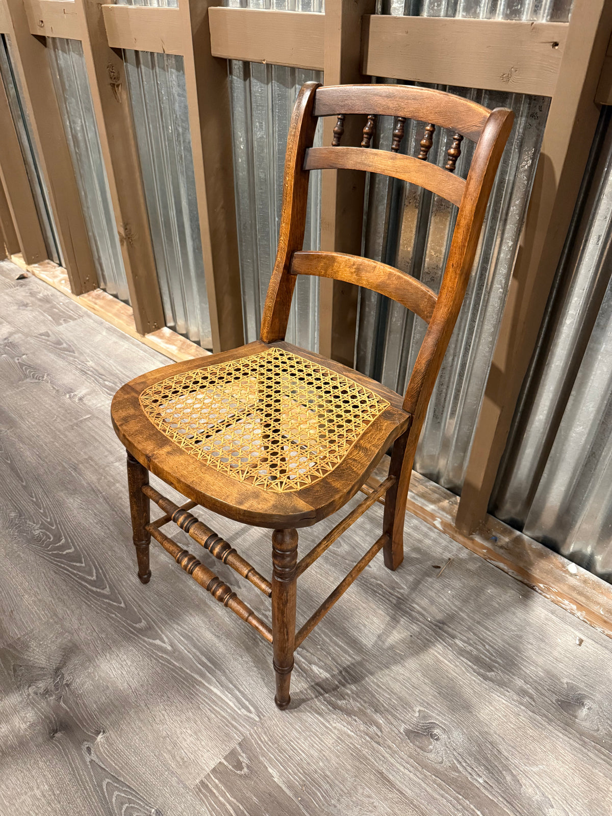 Antique Victorian Cane Seat Side Chair | Spindle Back Ladder Chair with Turned Legs