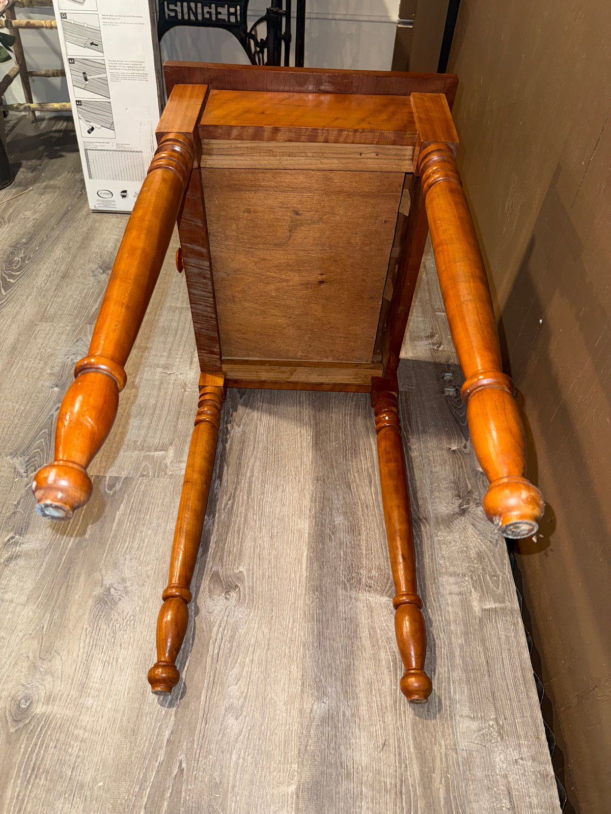 Antique Sheraton Style One Drawer Stand Table with Turned Legs, Figured Wood