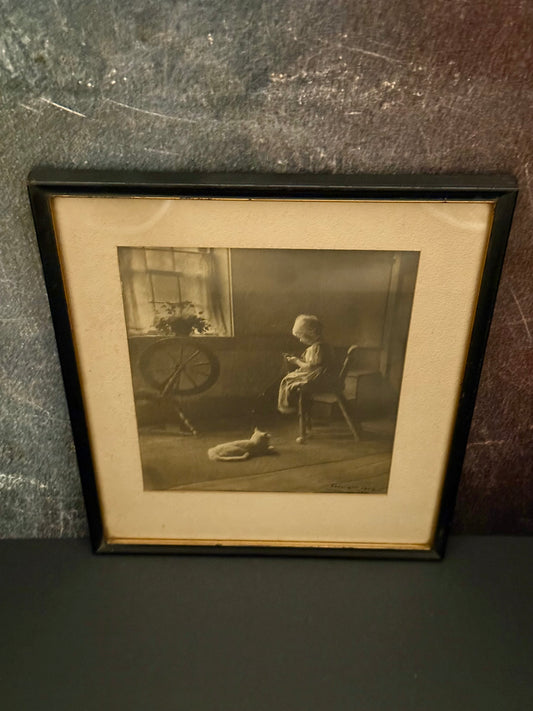 Vintage 1928 "Priscilla" / Girl at the Spinning Wheel with Cat Colonial Revival Framed Art Print Antique Wall Art