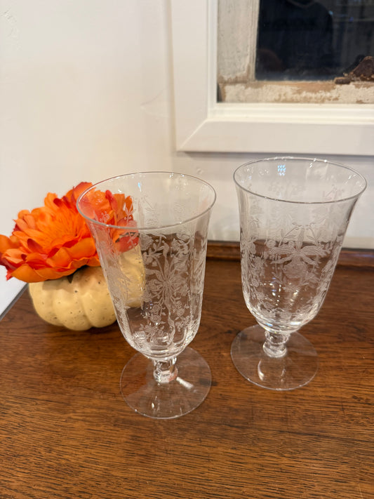 Vintage Heisey Crystal Orchid Etched Footed Iced Tea/Wine Glasses – 1940s Elegant Blown Glass Goblets Stem 5025