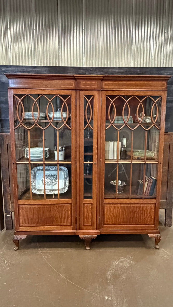Antique Hepplewhite Style Inlaid Mahogany Breakfront Bookcase | Glass China Cabinet