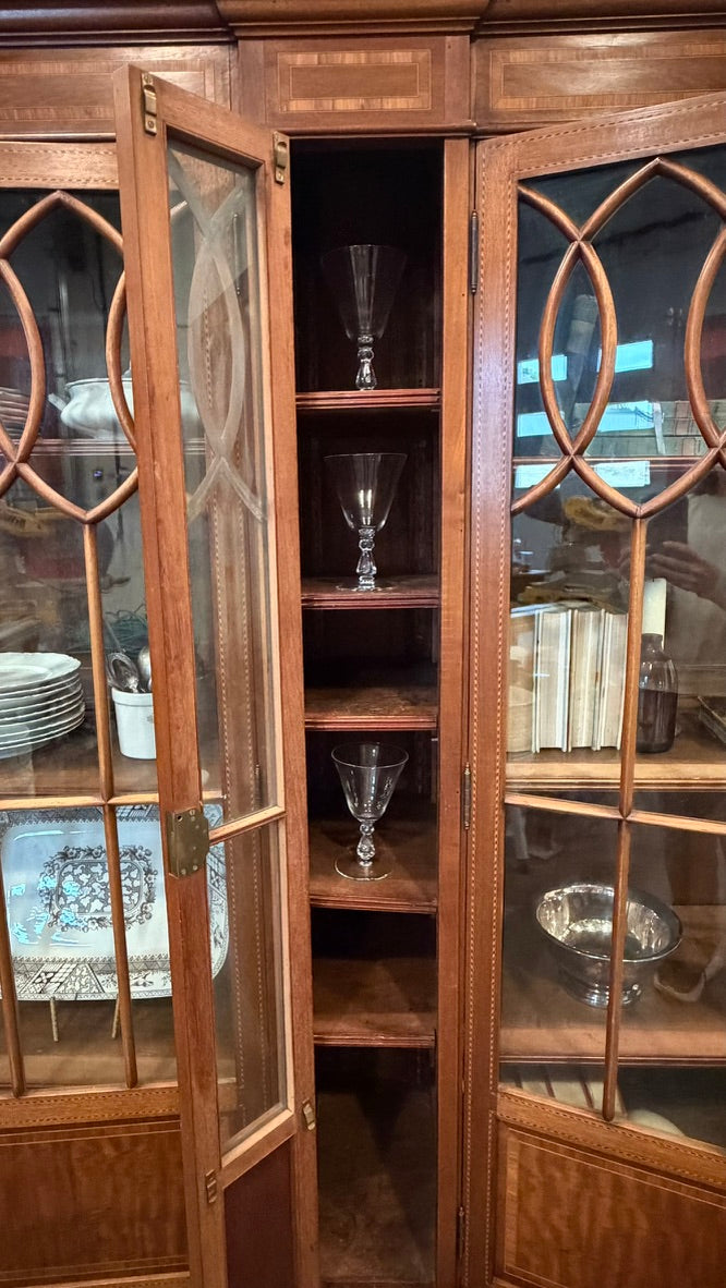 Antique Hepplewhite Style Inlaid Mahogany Breakfront Bookcase | Glass China Cabinet