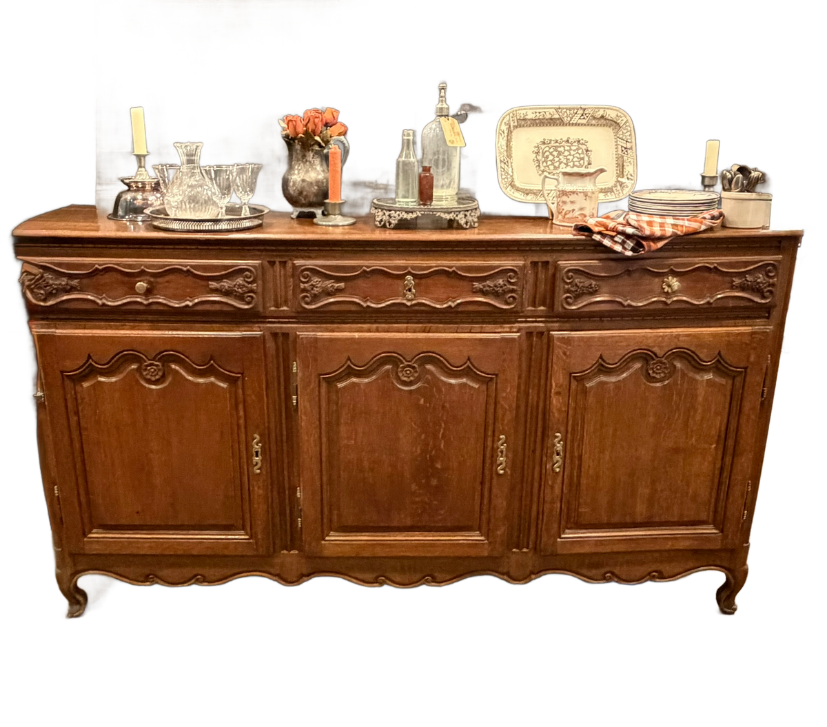 Antique French Provincial Carved Oak Enfilade Sideboard | 82.5" Large 3-Door Buffet Server