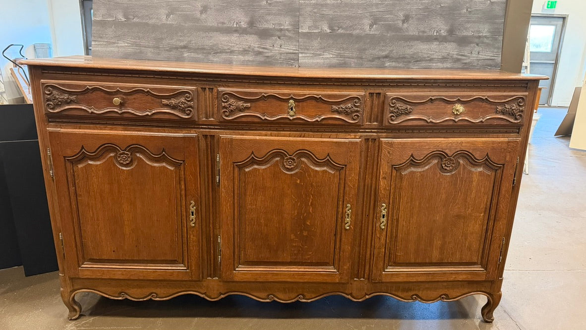Antique French Provincial Carved Oak Enfilade Sideboard | 82.5" Large 3-Door Buffet Server