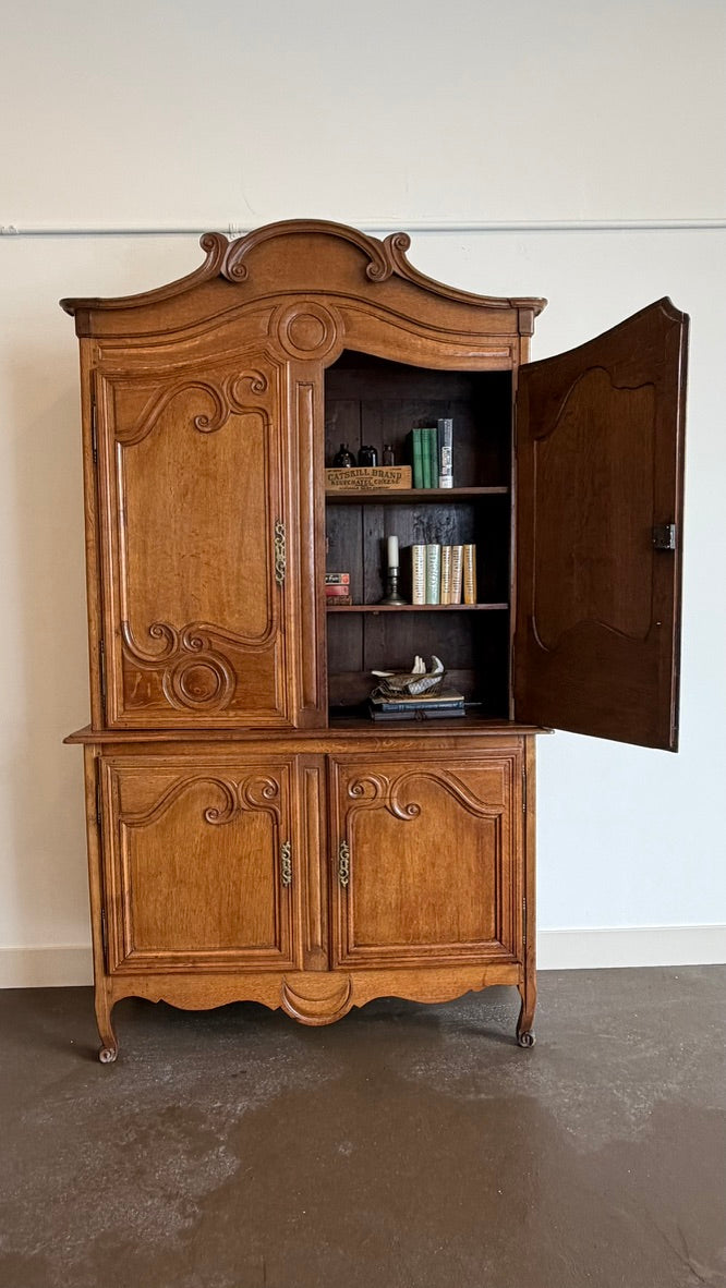 Vintage French Provincial Carved Oak Buffet Deux Corps | Large Hachard / Bookcase Cabinet