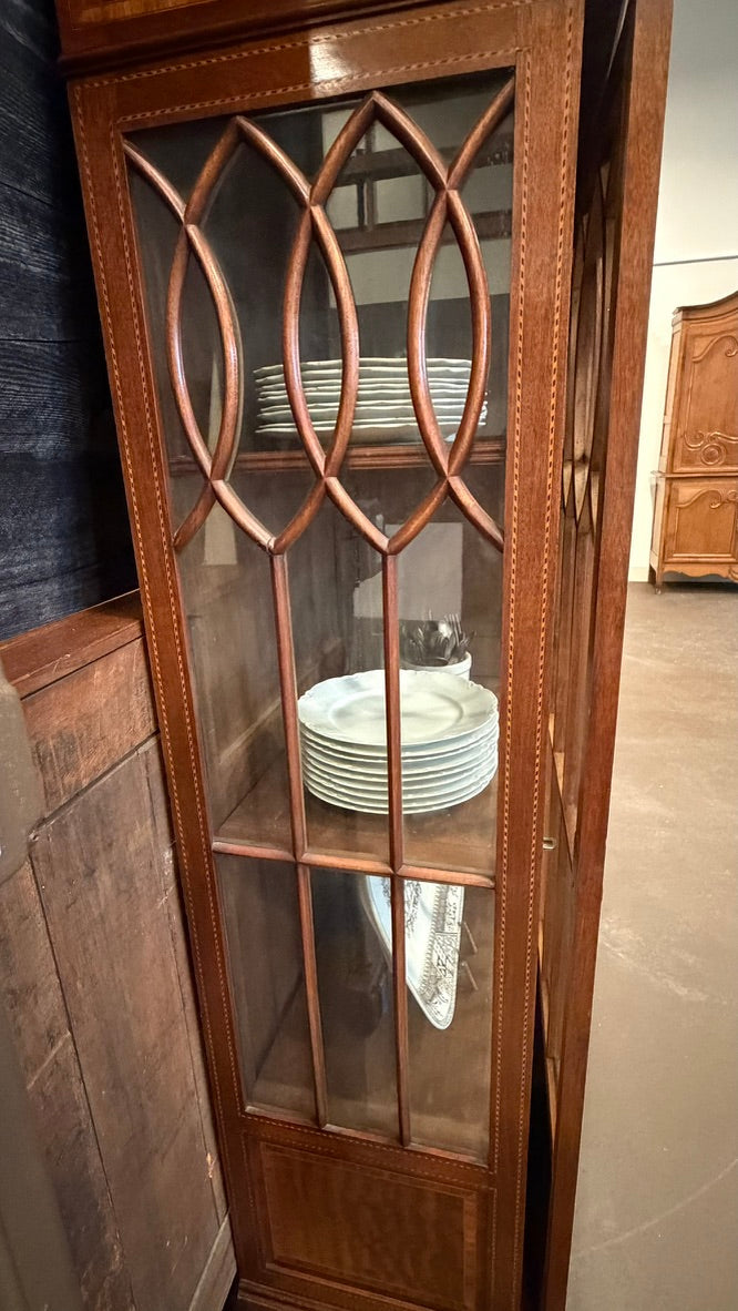 Antique Hepplewhite Style Inlaid Mahogany Breakfront Bookcase | Glass China Cabinet