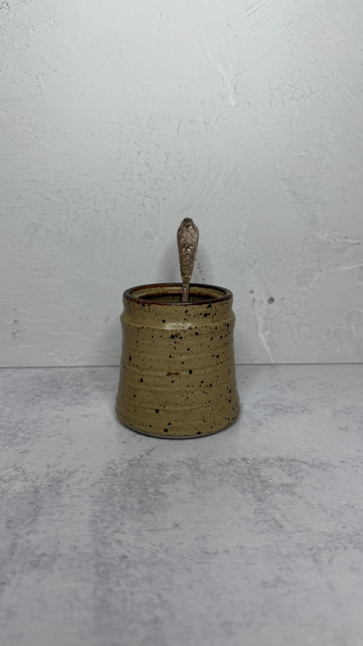 Stoneware Jam/Sugar pot with silver spoon