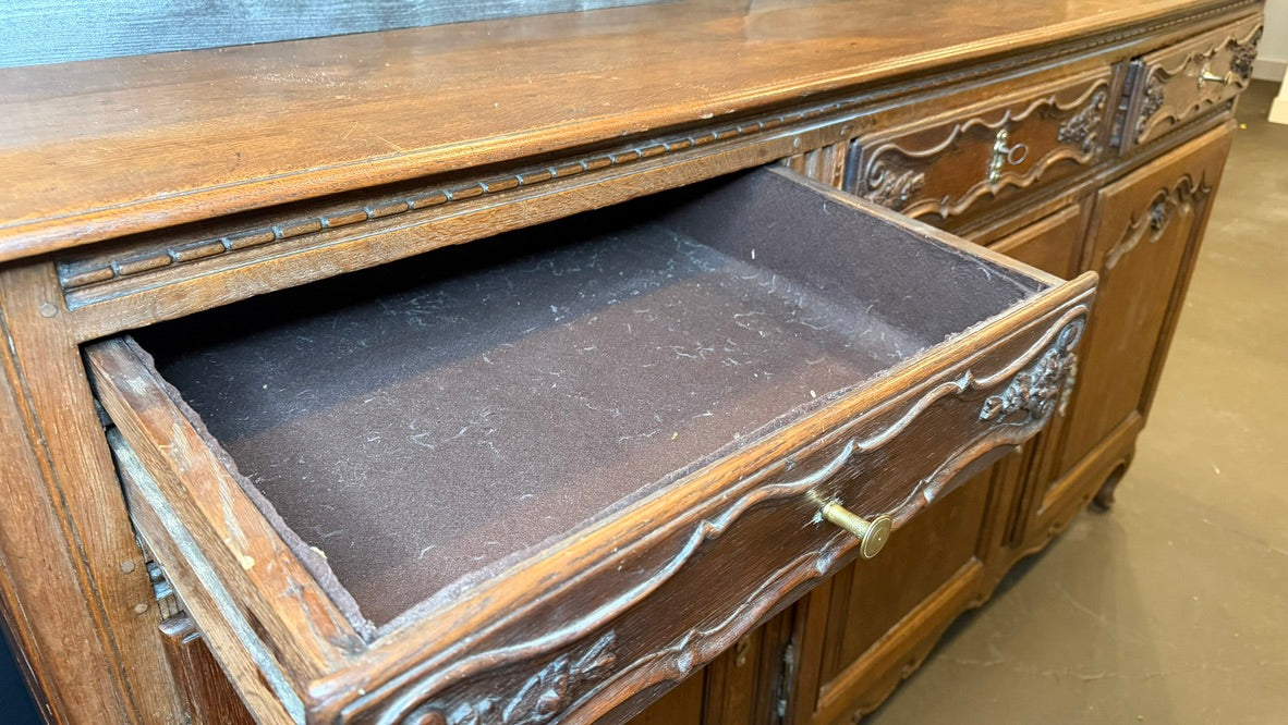Antique French Provincial Carved Oak Enfilade Sideboard | 82.5" Large 3-Door Buffet Server