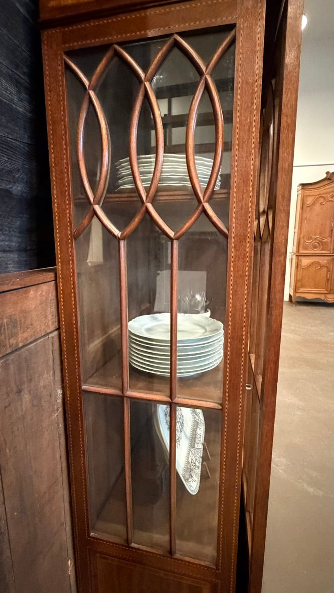 Antique Hepplewhite Style Inlaid Mahogany Breakfront Bookcase | Glass China Cabinet