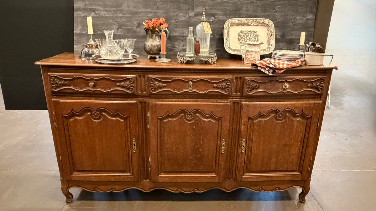 Antique French Provincial Carved Oak Enfilade Sideboard | 82.5" Large 3-Door Buffet Server