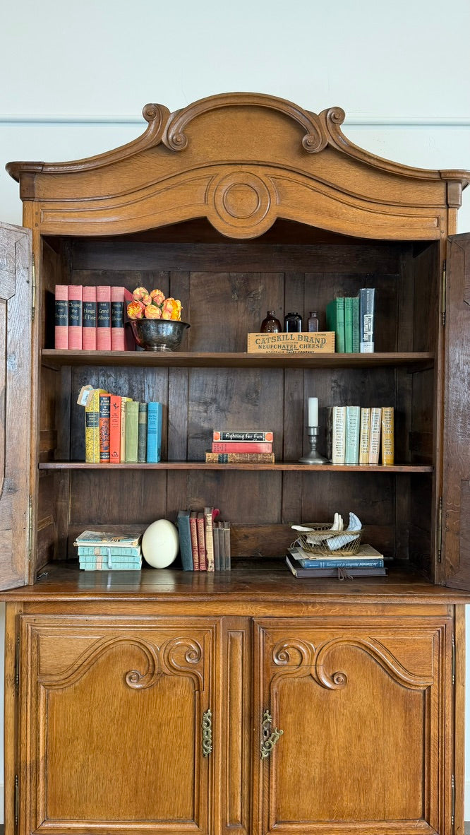 Vintage French Provincial Carved Oak Buffet Deux Corps | Large Hachard / Bookcase Cabinet