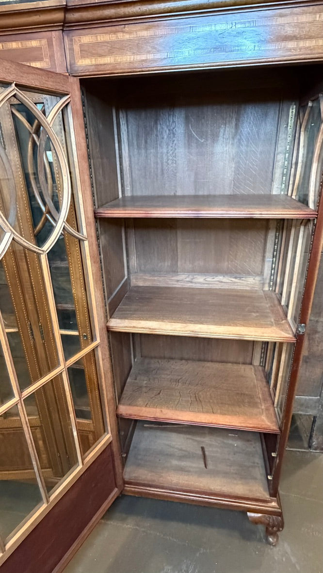 Antique Hepplewhite Style Inlaid Mahogany Breakfront Bookcase | Glass China Cabinet