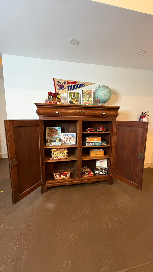 Dated 1886 Antique European Country Pine Cupboard | Two-Door Farmhouse Hutch & Server