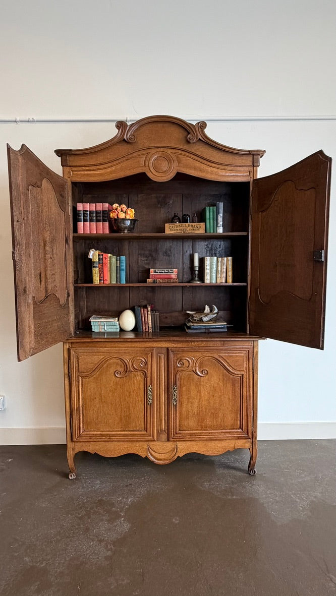 Vintage French Provincial Carved Oak Buffet Deux Corps | Large Hachard / Bookcase Cabinet