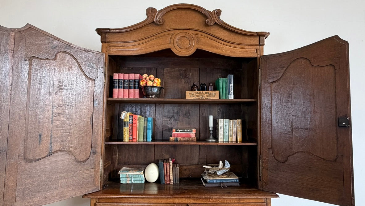 Vintage French Provincial Carved Oak Buffet Deux Corps | Large Hachard / Bookcase Cabinet