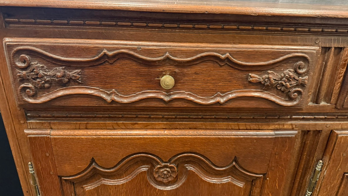 Antique French Provincial Carved Oak Enfilade Sideboard | 82.5" Large 3-Door Buffet Server