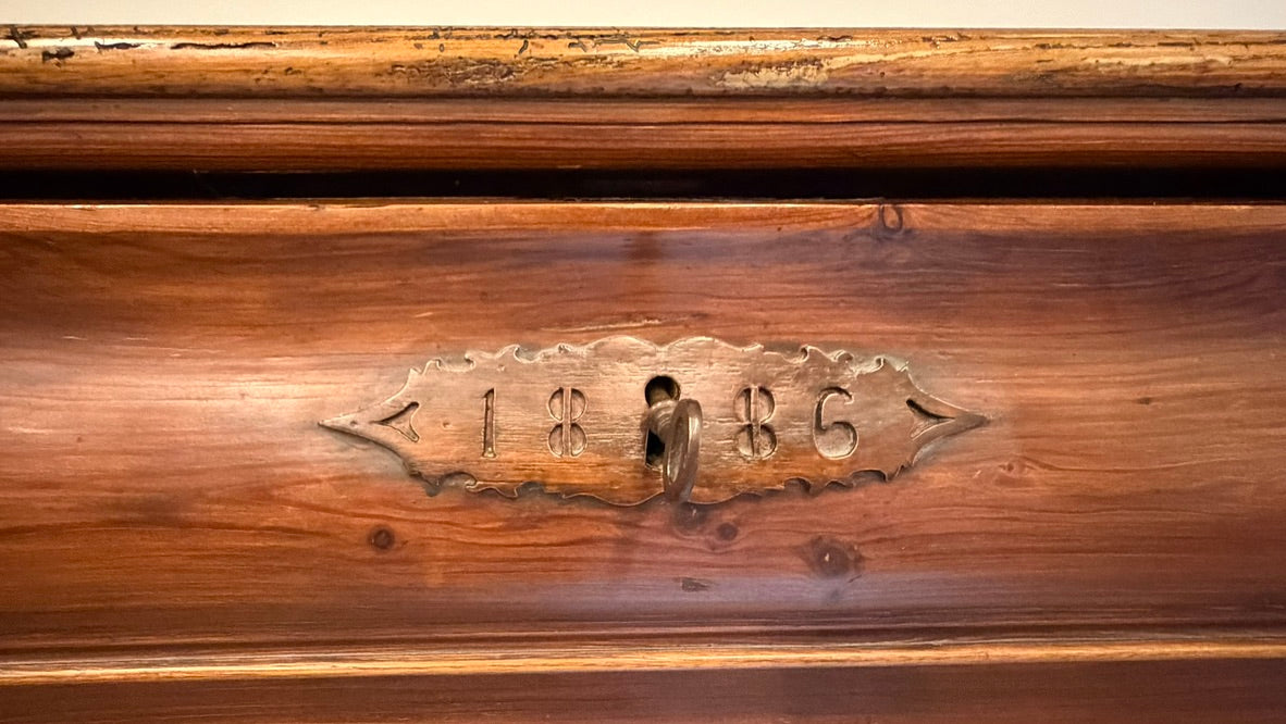 Dated 1886 Antique European Country Pine Cupboard | Two-Door Farmhouse Hutch & Server