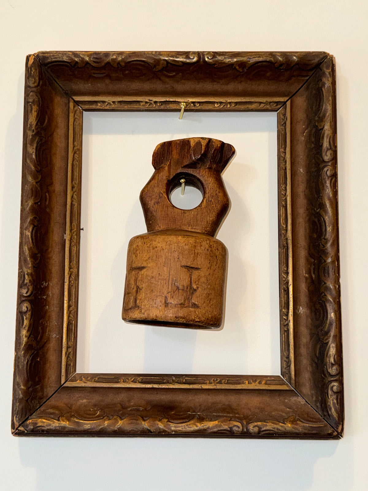 Hand-Carved Primitive Wooden Chalice in Ornate Gesso Frame