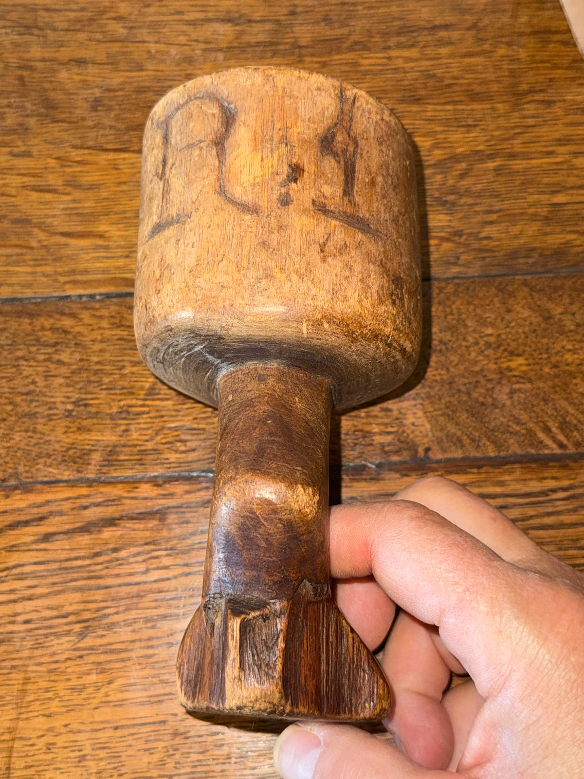 Hand-Carved Primitive Wooden Chalice in Ornate Gesso Frame