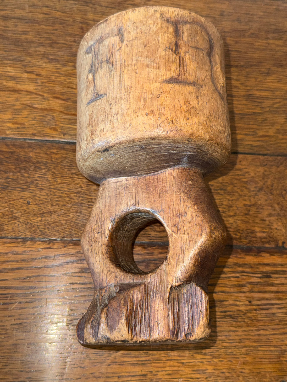 Hand-Carved Primitive Wooden Chalice in Ornate Gesso Frame