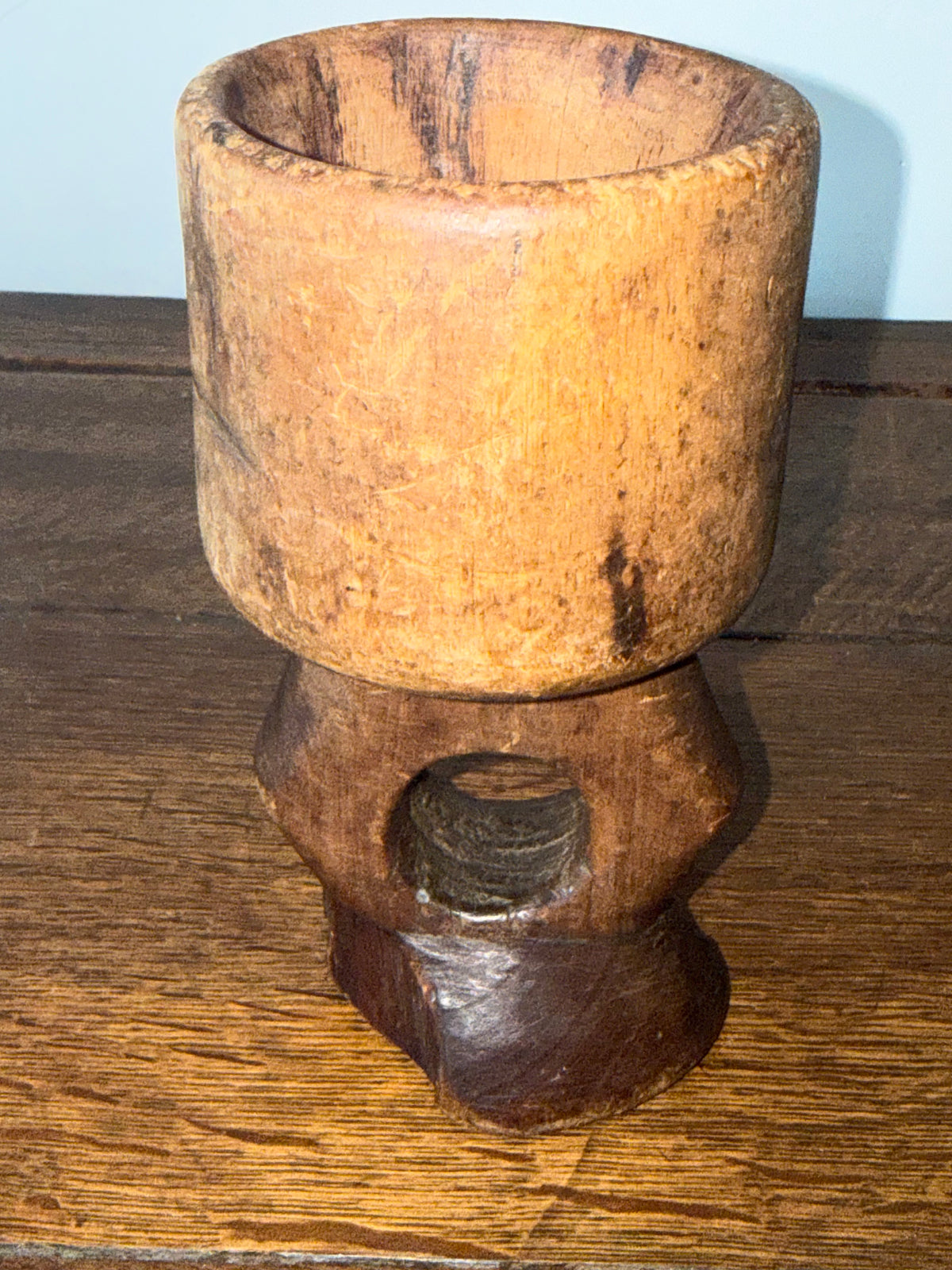 Hand-Carved Primitive Wooden Chalice in Ornate Gesso Frame