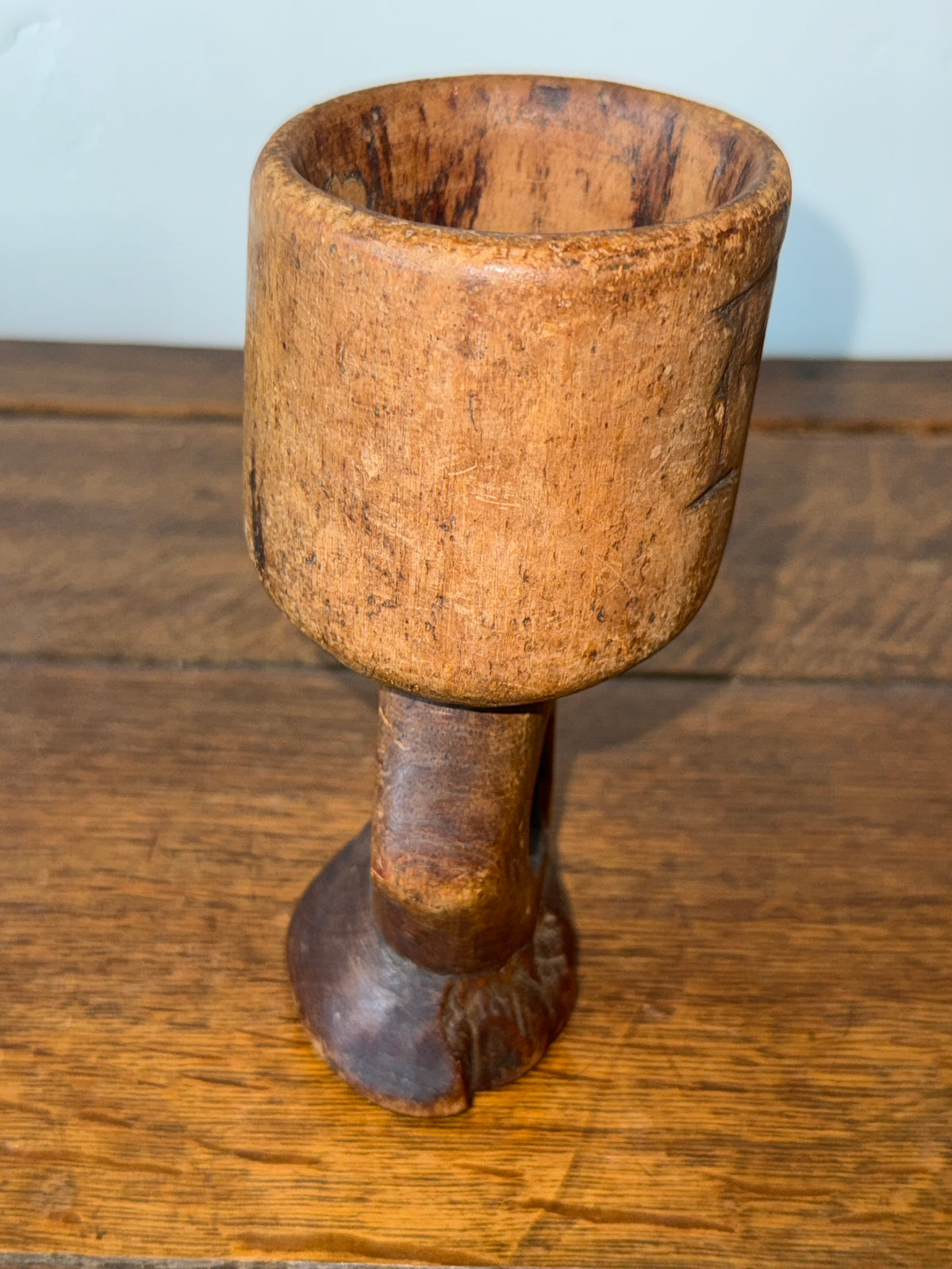 Hand-Carved Primitive Wooden Chalice in Ornate Gesso Frame