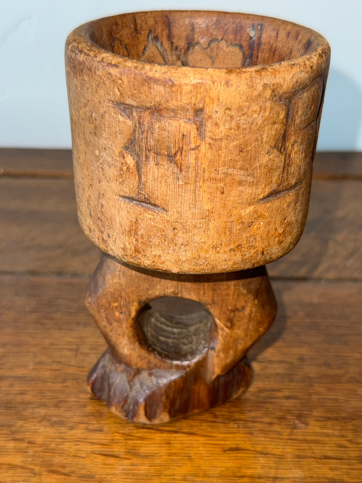 Hand-Carved Primitive Wooden Chalice in Ornate Gesso Frame