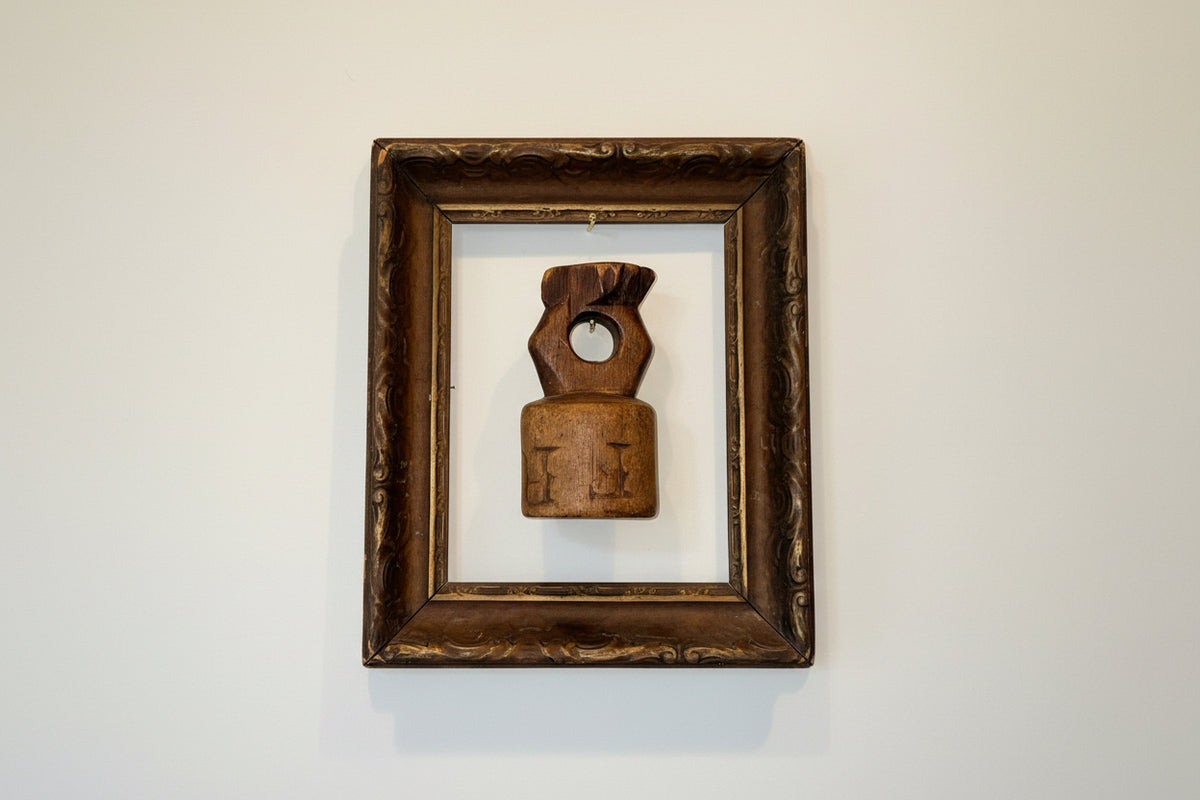 Hand-Carved Primitive Wooden Chalice in Ornate Gesso Frame