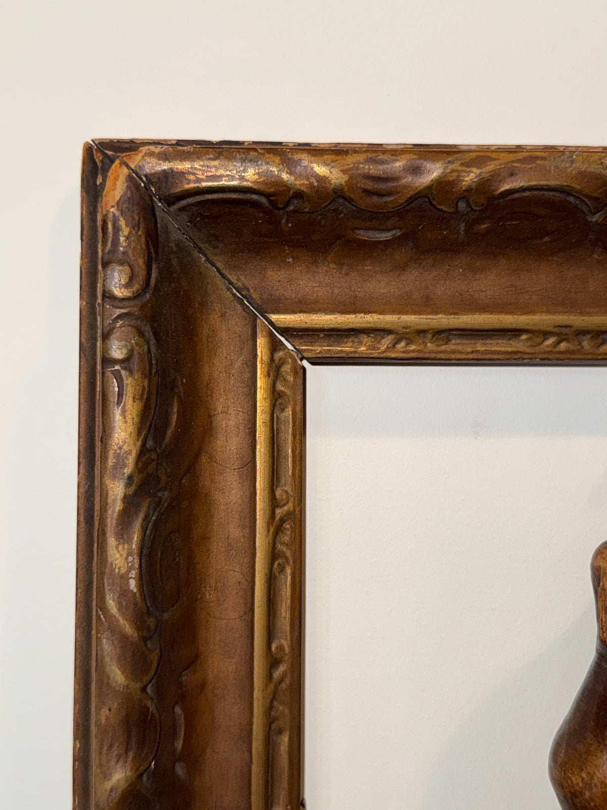 Hand-Carved Primitive Wooden Chalice in Ornate Gesso Frame