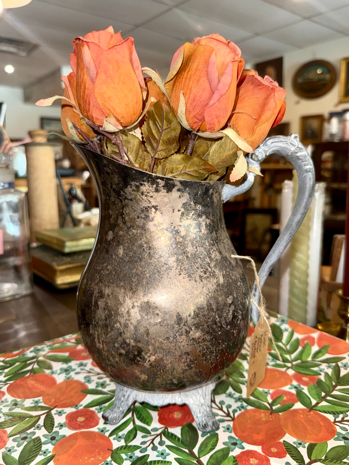 Vintage Footed Silverplate Water Pitcher with Heavy Patina