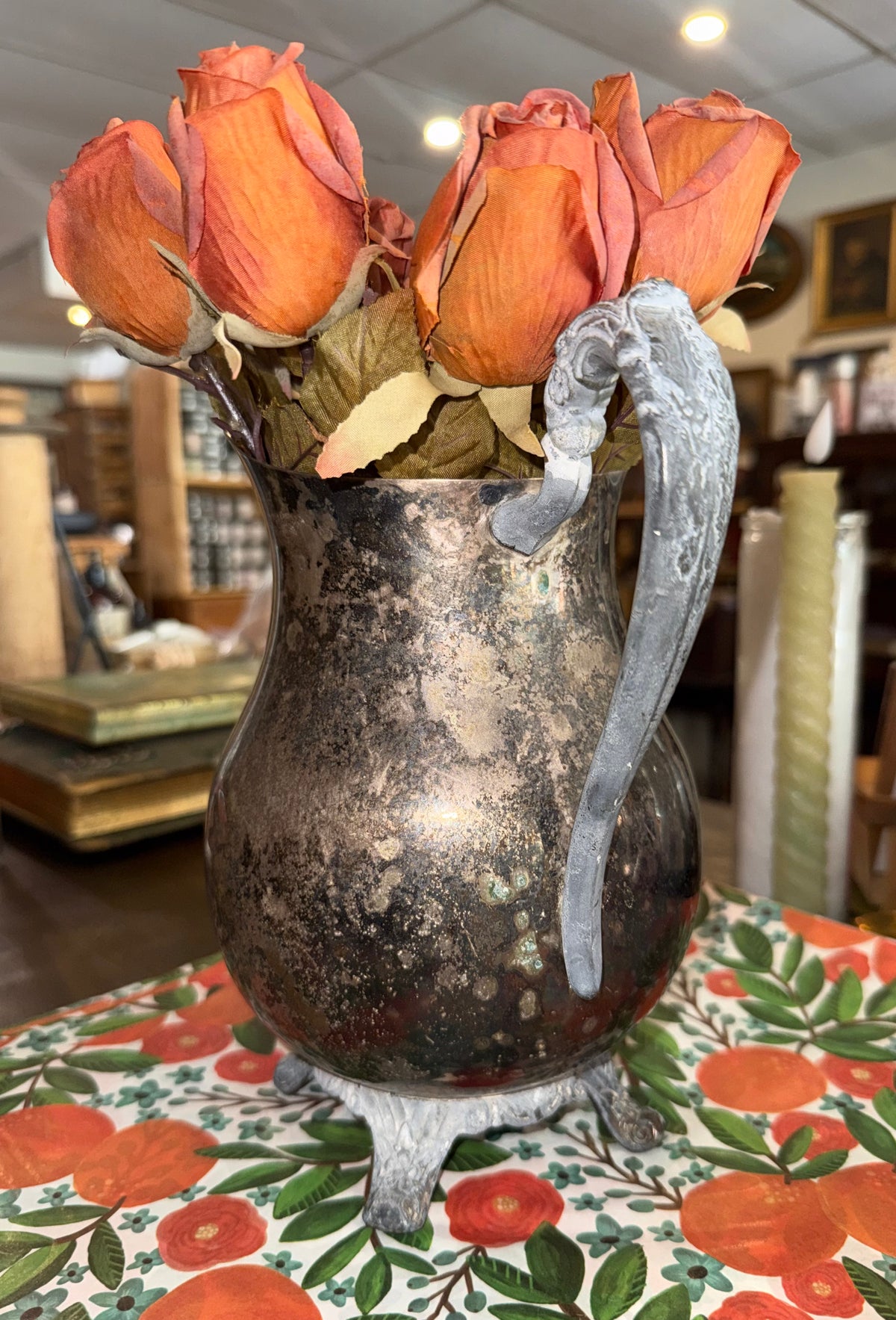 Vintage Footed Silverplate Water Pitcher with Heavy Patina