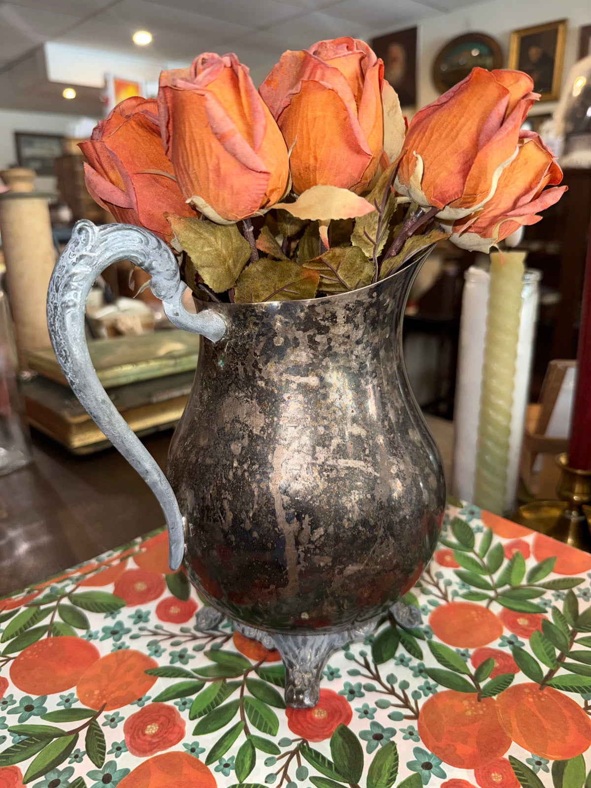 Vintage Footed Silverplate Water Pitcher with Heavy Patina