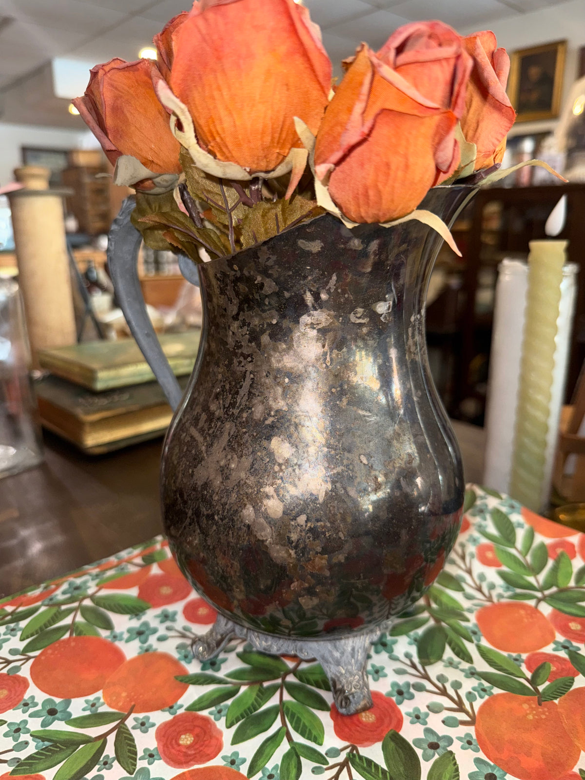 Vintage Footed Silverplate Water Pitcher with Heavy Patina
