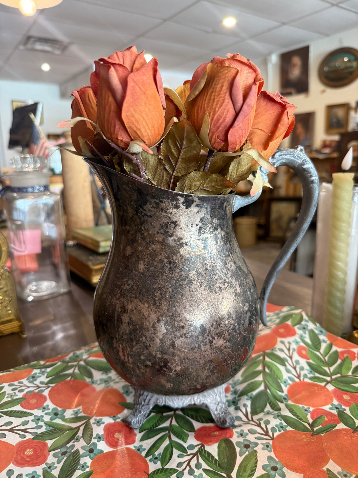 Vintage Footed Silverplate Water Pitcher with Heavy Patina