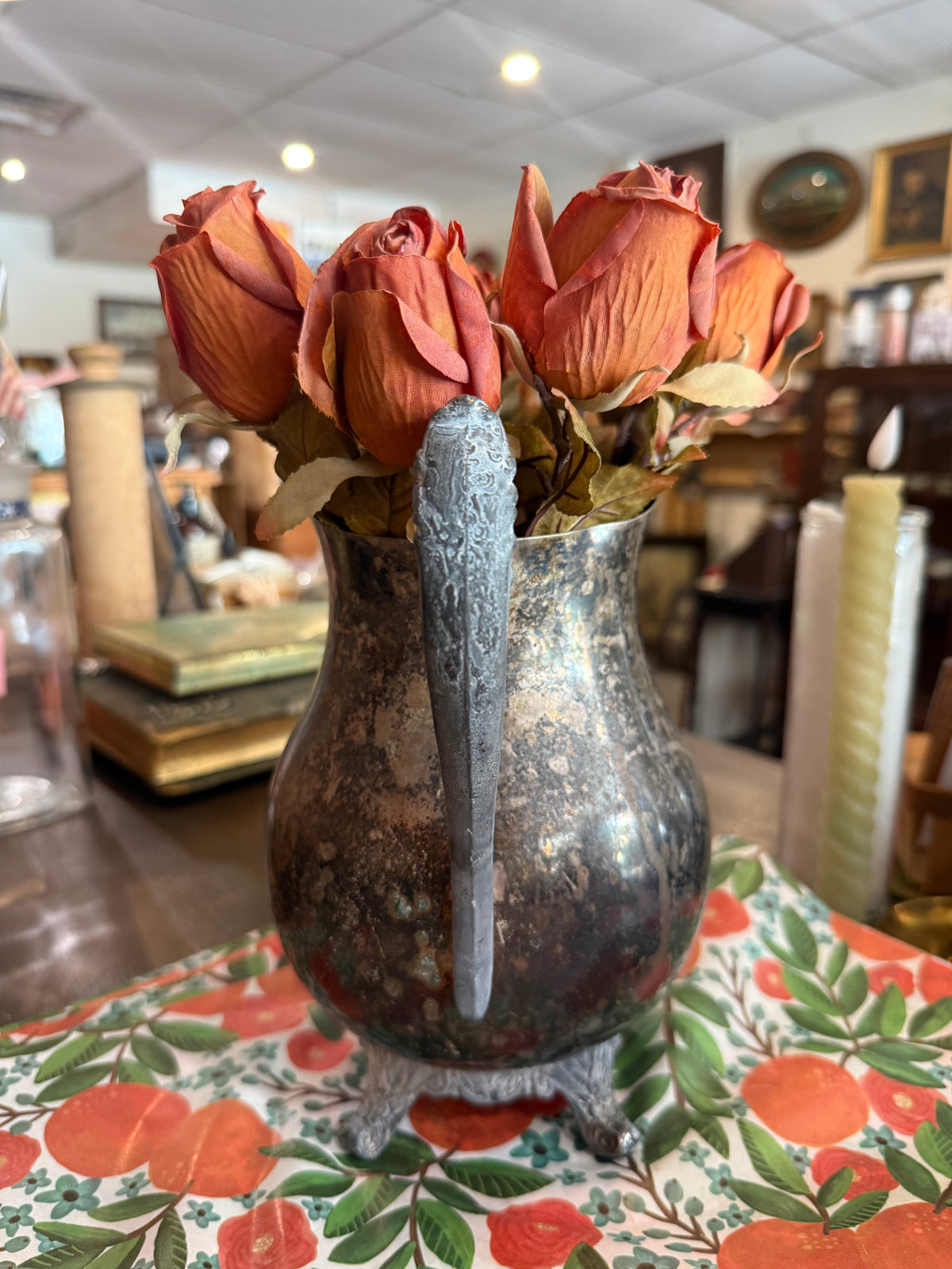 Vintage Footed Silverplate Water Pitcher with Heavy Patina
