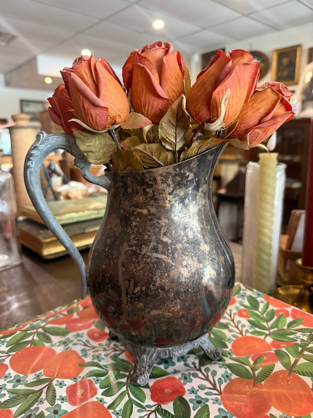 Vintage Footed Silverplate Water Pitcher with Heavy Patina
