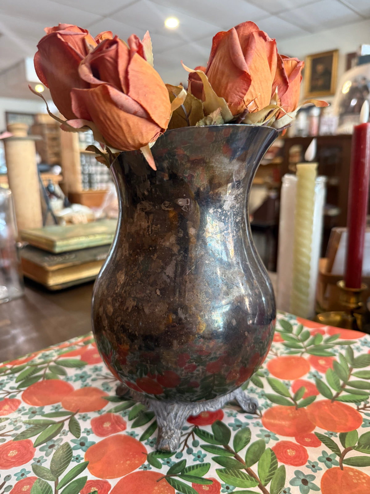 Vintage Footed Silverplate Water Pitcher with Heavy Patina