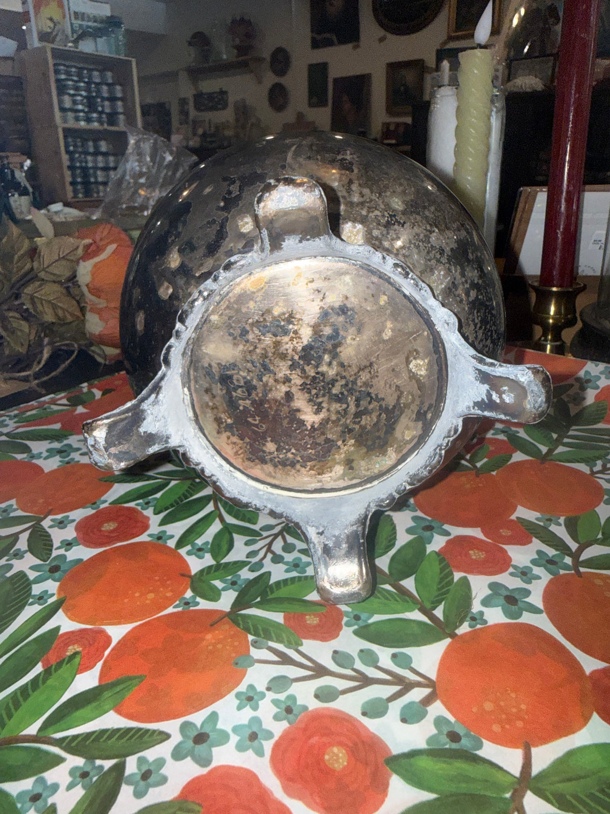 Vintage Footed Silverplate Water Pitcher with Heavy Patina