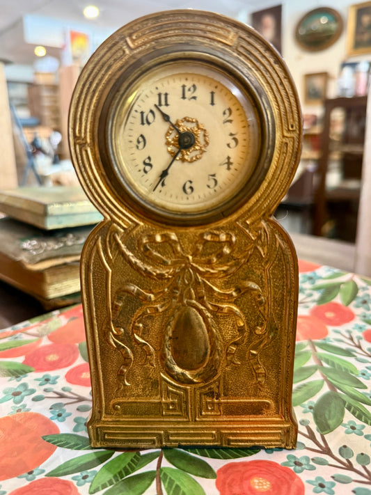 Art Nouveau Gilt Metal Mantel Clock with Ribbon Motif