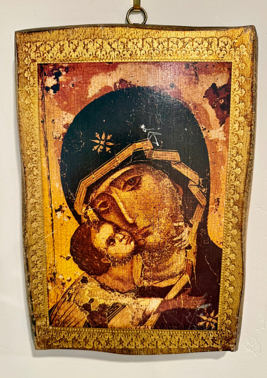 Byzantine Style Our Lady of Vladimir Wooden Plaque Virgin Mary and Child